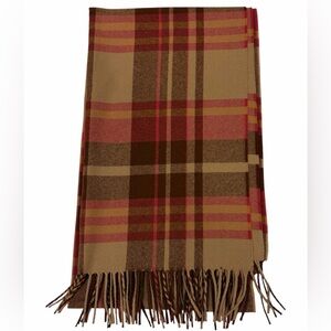 Pendleton 100% Virgin Wool Pink & Tan Plaid Scarf Fringe Luxury Style Made in US